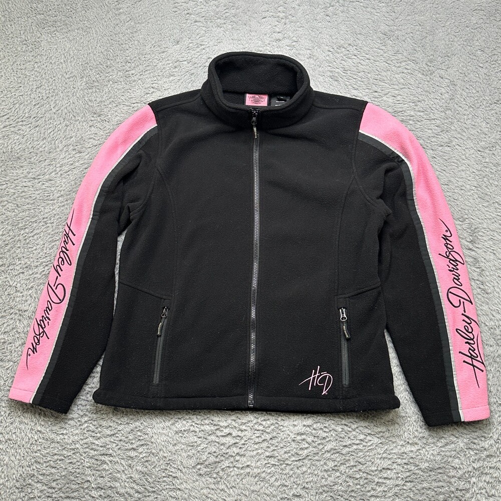Harley Davidson Fleece Jacket Womens XL Black Pink Full Zip Spell Out Sleeve